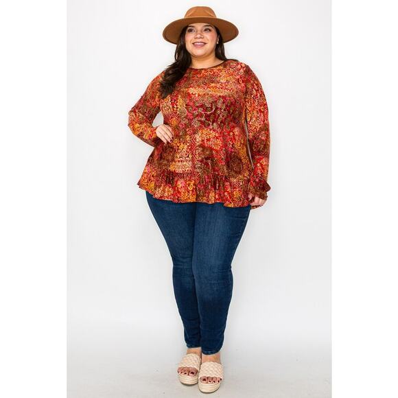 064 Curvy Lovey Boho Glitter Multi Print Frill Hem Tunic Top in Red - Picture 5 of 5